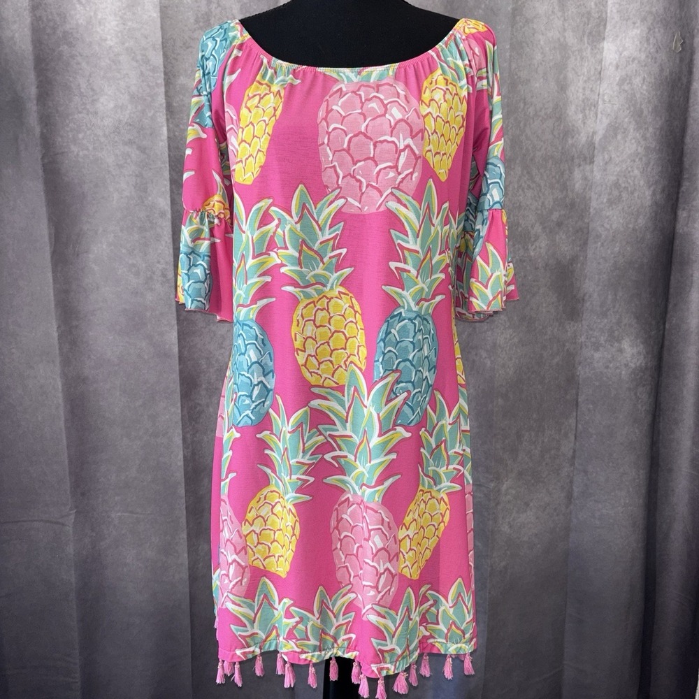 Simply Southern Pink Pineapple Tropical Tassel Hem‎ Dress Bell Sleeve Small